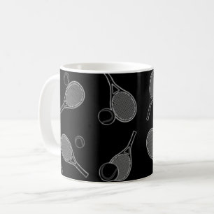 Tennis Seamless Pattern - Racket and Ball on Blac Coffee Mug