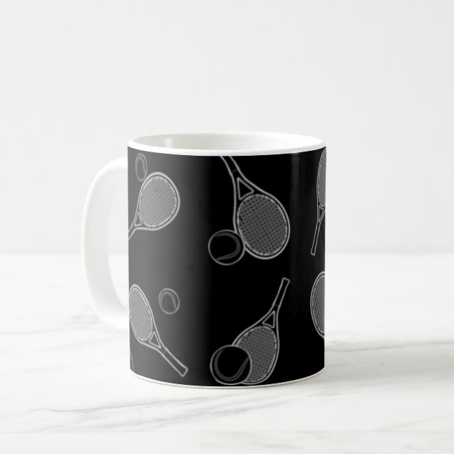 Tennis Seamless Pattern - Racket and Ball on Blac Coffee Mug (Front Left)