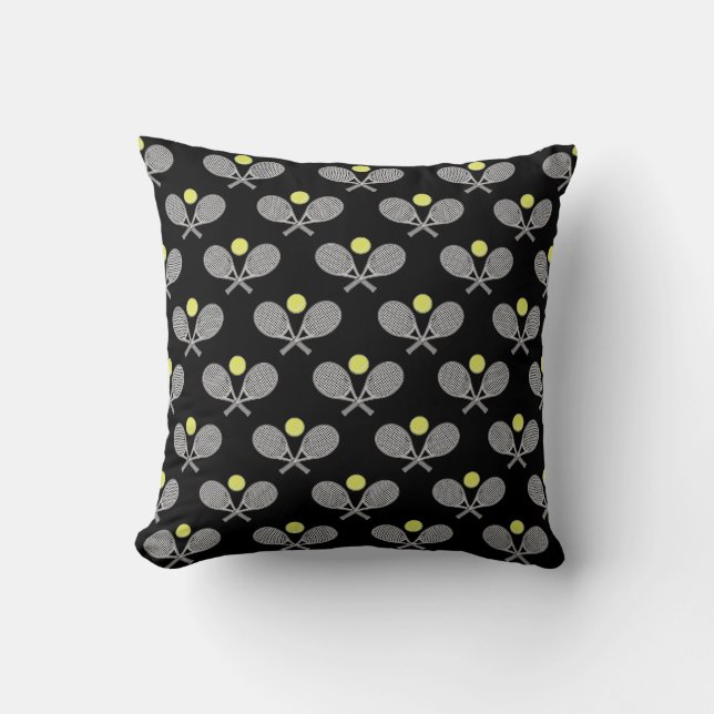 Tennis Seamless Pattern - Racket and Ball on Black Cushion (Front)