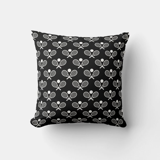 Tennis Seamless Pattern - Racket and Ball on Black Cushion (Front)