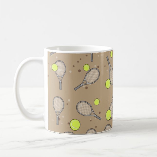 Tennis Seamless Pattern - Racket and Ball on Brown Coffee Mug (Left)