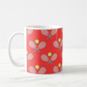 Tennis Seamless Pattern - Racket and Ball on Red Coffee Mug