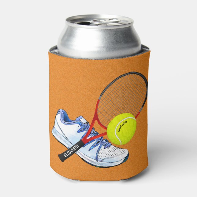 Tennis Shoe Ball And Racket With Your Custom Text Can Cooler (Can Front)