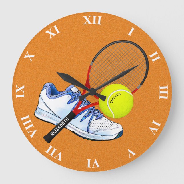 Tennis Shoe Ball And Racket With Your Custom Text Large Clock (Front)