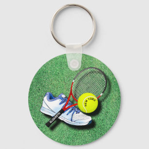 Tennis Shoe Ball Racket On Grass And Your Own Text Key Ring