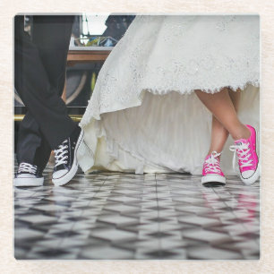 Tennis Shoes with White Wedding Dress Glass Coaster