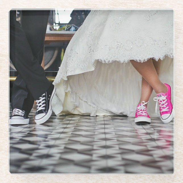 Tennis Shoes with White Wedding Dress Glass Coaster (Front)