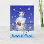 Tennis Snowman Happy Holidays Holiday Card<br><div class="desc">Artaglio.com/Art Design - M.P. Rom © All rights reserved. 
Image of a Snowman with a tennis racket and personalised text template. 
Perfect party invitation for tennis player,  tennis coach or tennis partner. 
Please fill free to change text to your own words.</div>