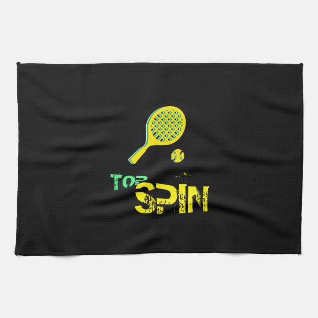 Tennis Sport Pop Art, Green & Yellow Racket & Ball Tea Towel (Horizontal)