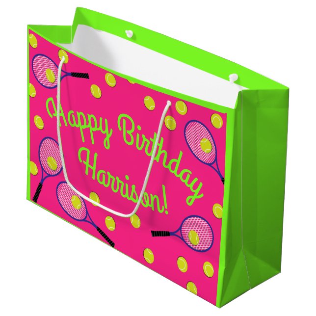 Tennis Sports Birthday Party Pink Large Gift Bag (Front Angled)