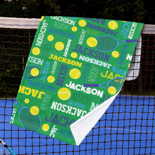 Tennis sports green white blue yellow custom name hand towel