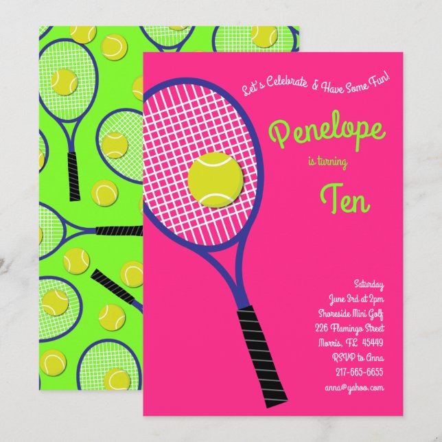 Tennis Sports Kids Birthday Party Pink Girls Invitation (Front/Back)