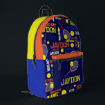 Tennis sports orange white blue yellow custom name printed backpack<br><div class="desc">Tennis sports orange white blue yellow custom name backpack. Sports tennis ball and racquet on a dark blue background personalised name bag. This typographical sports-themed patterned bag has tennis balls and racquets hitting the balls with dark blue, orange, yellow, light yellow and white text. This fun sporty design can be...</div>