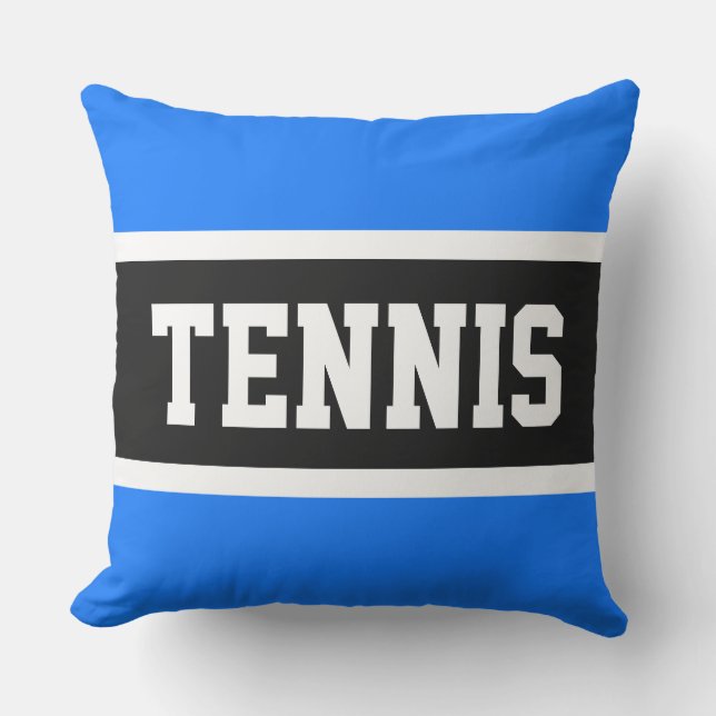 TENNIS Sporty 70s Bright Blue Black White Stripes Cushion (Front)