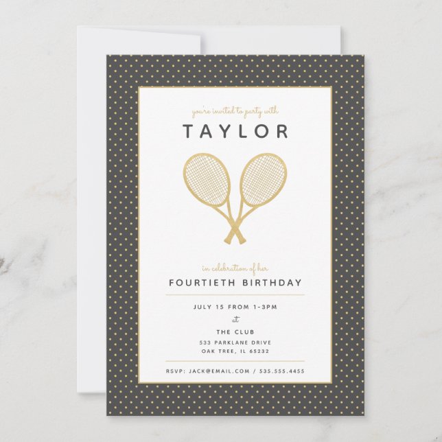 Tennis Star Chic Gold and Grey Party Invitation (Front)