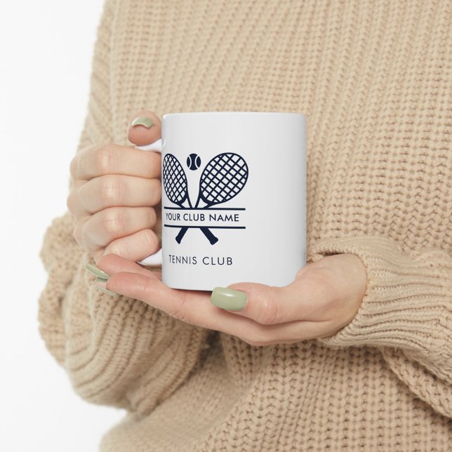 Tennis Team Club Name Navy Blue Logo Custom Two-Tone Coffee Mug (Lawn Tennis Club Swag White 11oz Coffee Mug)