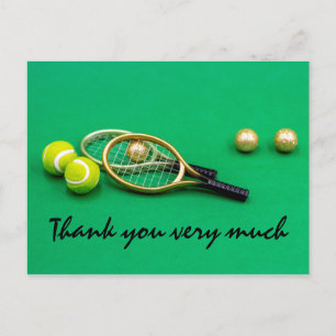 Tennis thank you card with ball  racket on green
