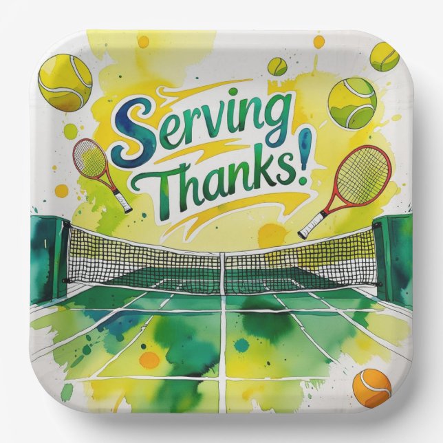 Tennis Thank you party with racket and ball  Paper Plate (Front)