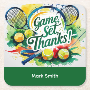 Tennis Thank you party with racket and ball Square Paper Coaster