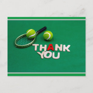 Tennis thank you with racket and ball on green postcard