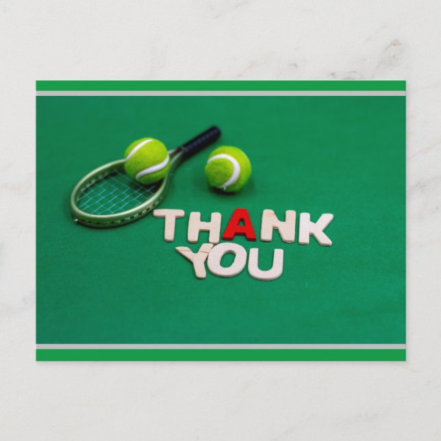 Tennis thank you with racket and ball on green postcard (Front)