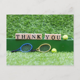 Tennis Thank you wooden word with racket and ball Postcard