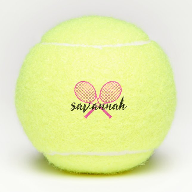 Tennis Theme Pink Girly Monogrammed Name  Tennis Balls (Front)