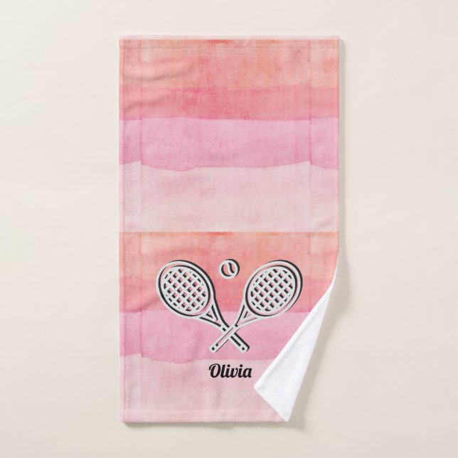 Tennis Theme Pink Monogrammed Name Tennis Ball Hand Towel (Hand Towel)