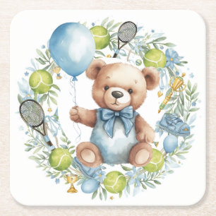 Tennis themed Baby Shower for Baby Boy Party Square Paper Coaster