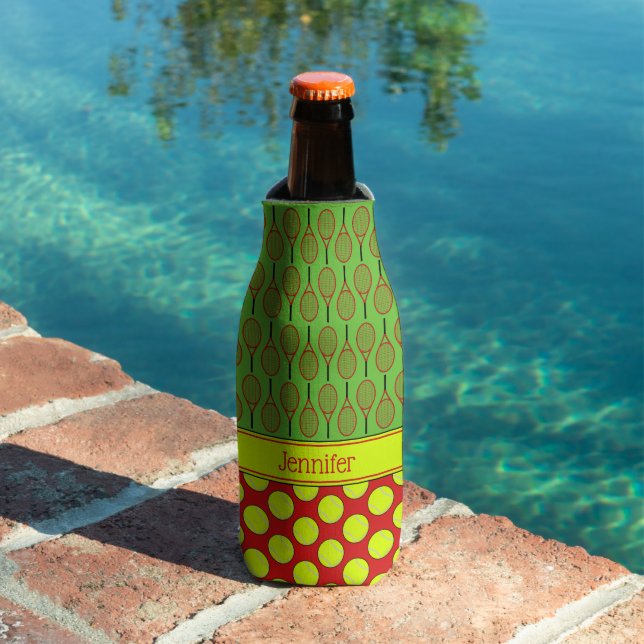 Tennis themed pattern custom name red bottle cooler (In Situ Pool)