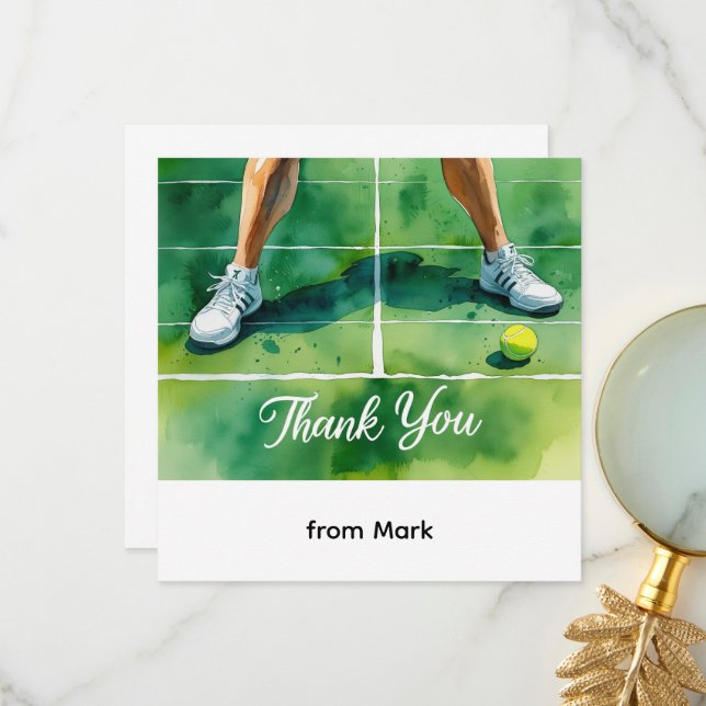 Tennis themed watercolor style thank you card (Front/Back In Situ)