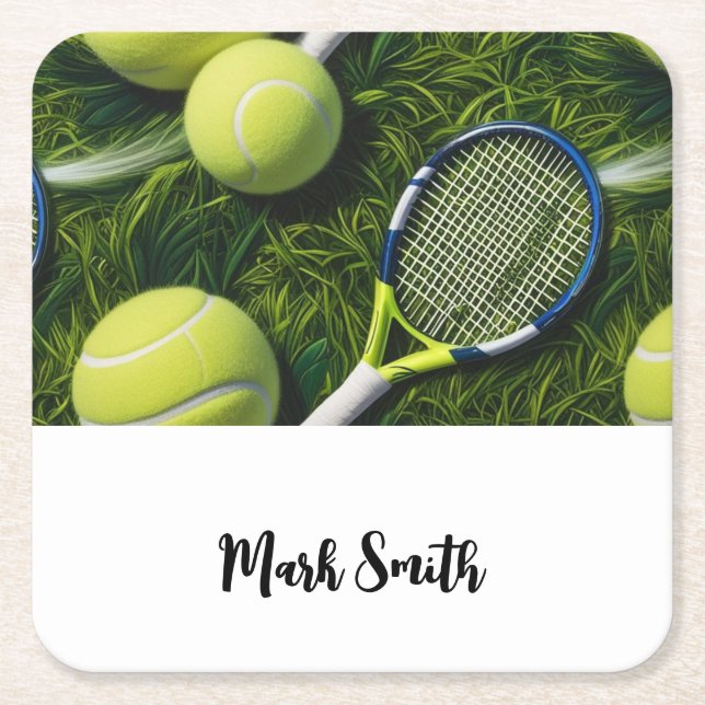 Tennis Themed with ball and racket  Square Paper Coaster (Front)