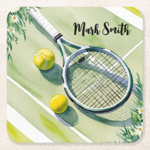 Tennis Themed with ball and racket Square Paper Coaster