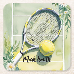 Tennis Themed with ball and racket Square Paper Coaster