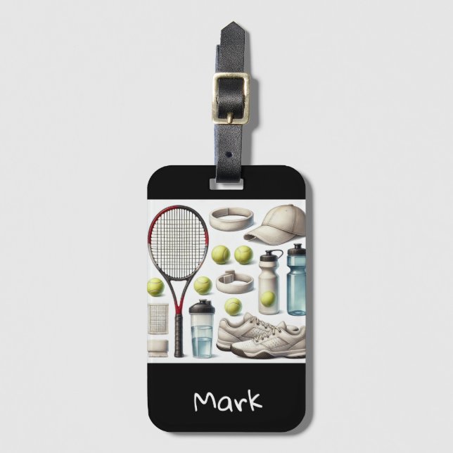 Tennis themed with name Luggage Tag  (Front Vertical)