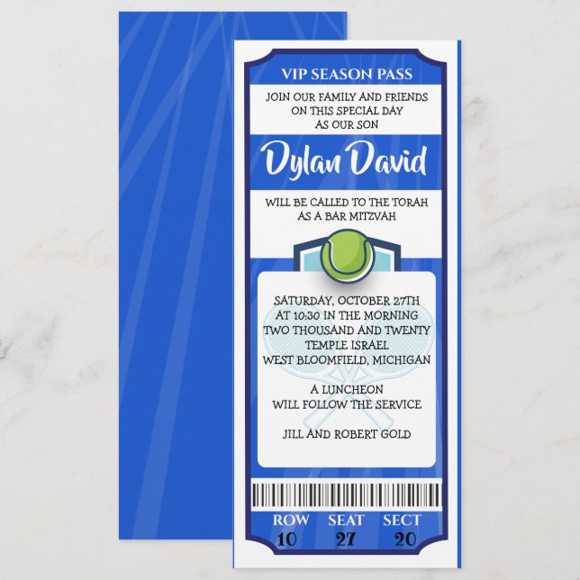 TENNIS TICKET Bar Bat Mitzvah Invitation (Front/Back)
