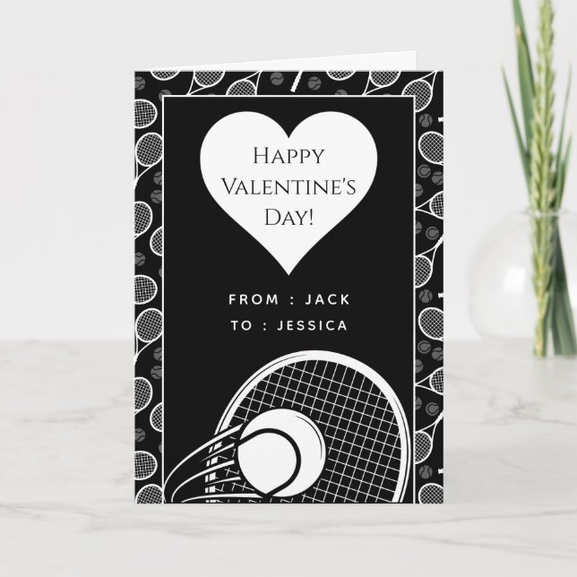 Tennis Valentine's Day Black & White Personalised Holiday Card (Front)
