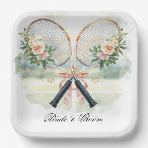 Tennis Wedding Racket with Flower Bride & Groom Paper Plate