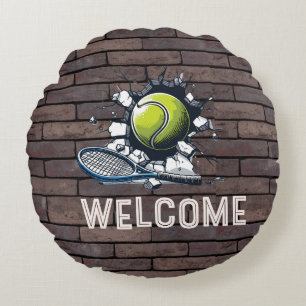 Tennis Welcome tennis player ball cracking wall  Round Cushion