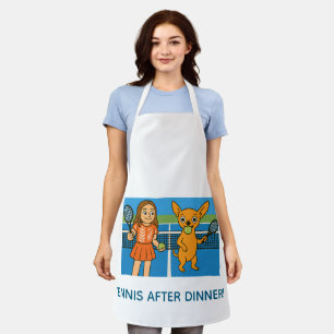 Tennis with a woman and a chihuhua apron
