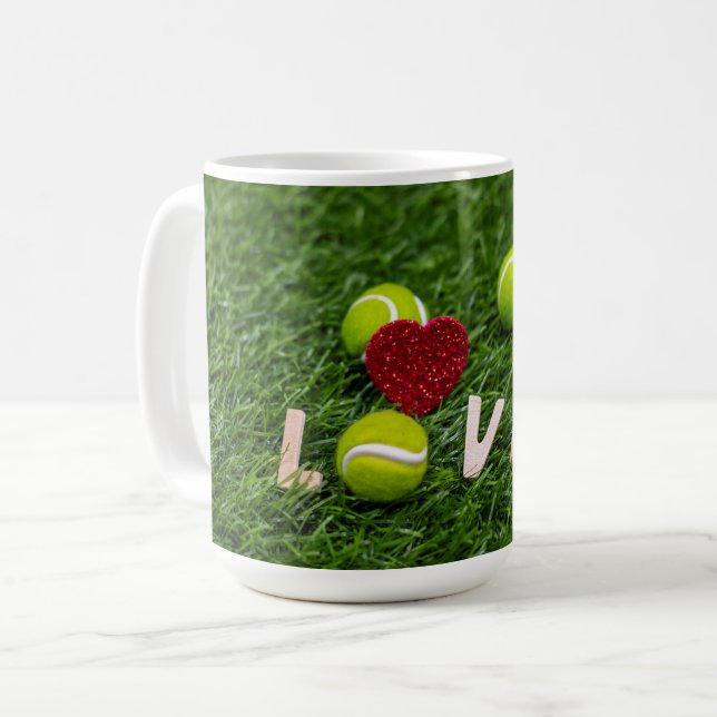 Tennis with LOVE on green grass Coffee Mug (Front Left)