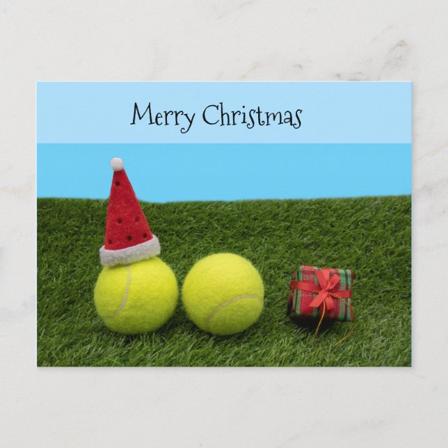 Tennis with Merry Christmas Santa hat on green Holiday Postcard (Front)