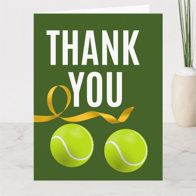 Tennis with racket and balls on green grass thank  thank you card (Front)