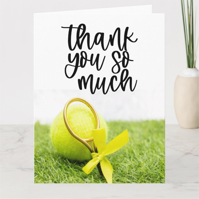 Tennis with racket and balls on green grass thank you card (Front)