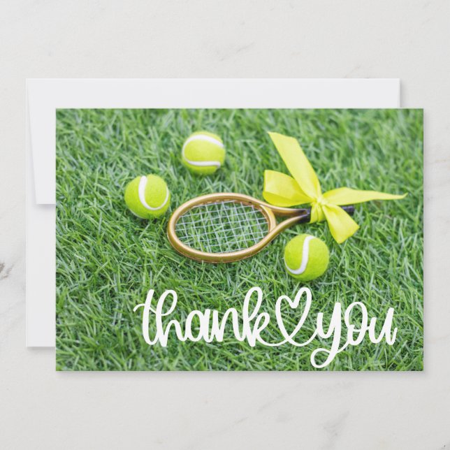 Tennis with racket and balls on green grass thank you card (Front)