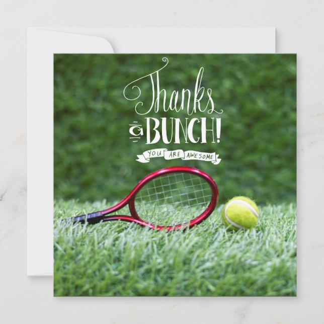 Tennis with racket and balls on green grass thank you card (Front)