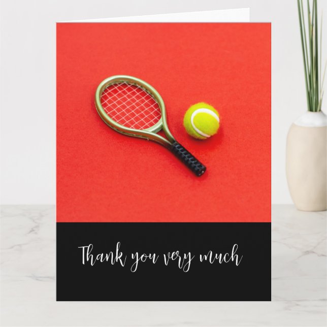 Tennis with racket and balls on red for Player Thank You Card (Front)