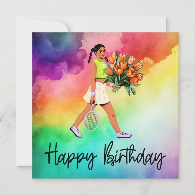 Tennis Woman Holds Bunch of Flowers Birthday Card (Front)