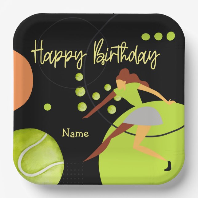 Tennis woman is playing Happy Birthday on yellow Paper Plate (Front)
