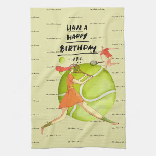 Tennis woman is playing Happy Birthday to Player  Tea Towel